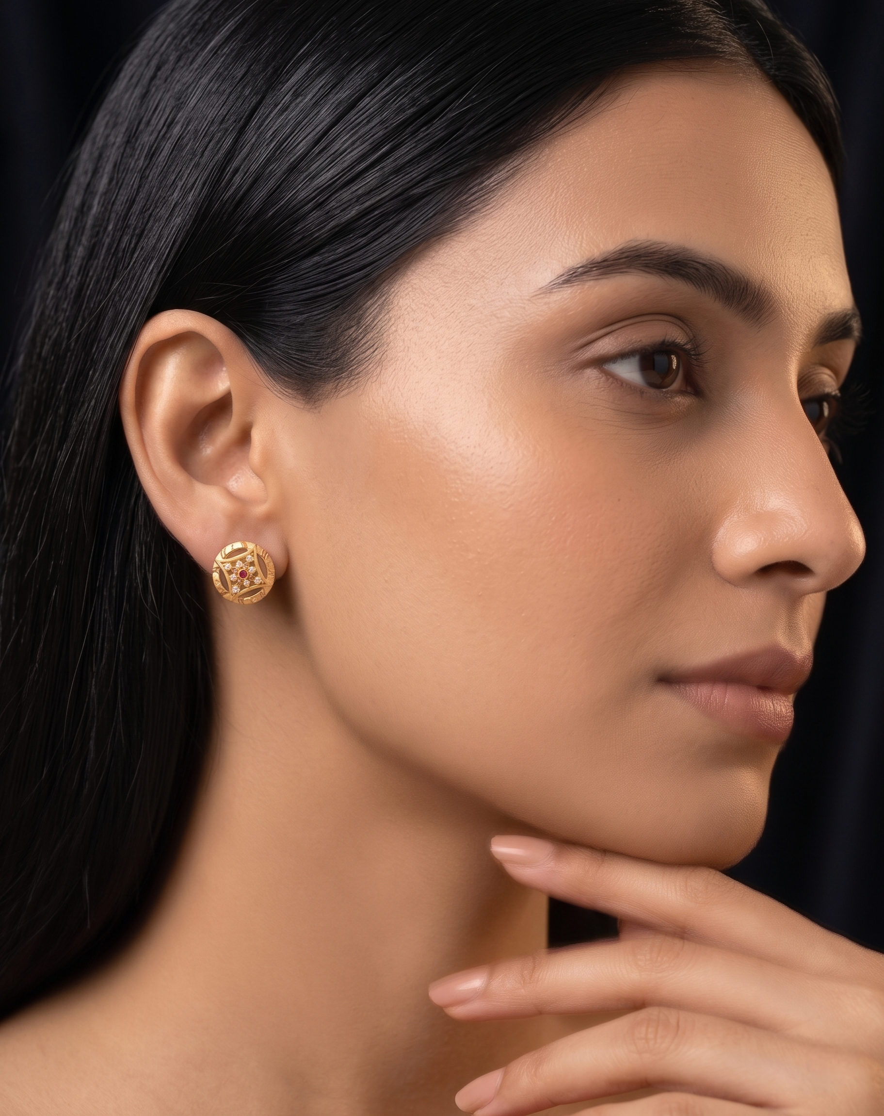 Sophisticated 22kt Gold Plated Geometric Wheel Stud Earrings with Ruby and CZ Accents | VIHAL ORNAMENTS