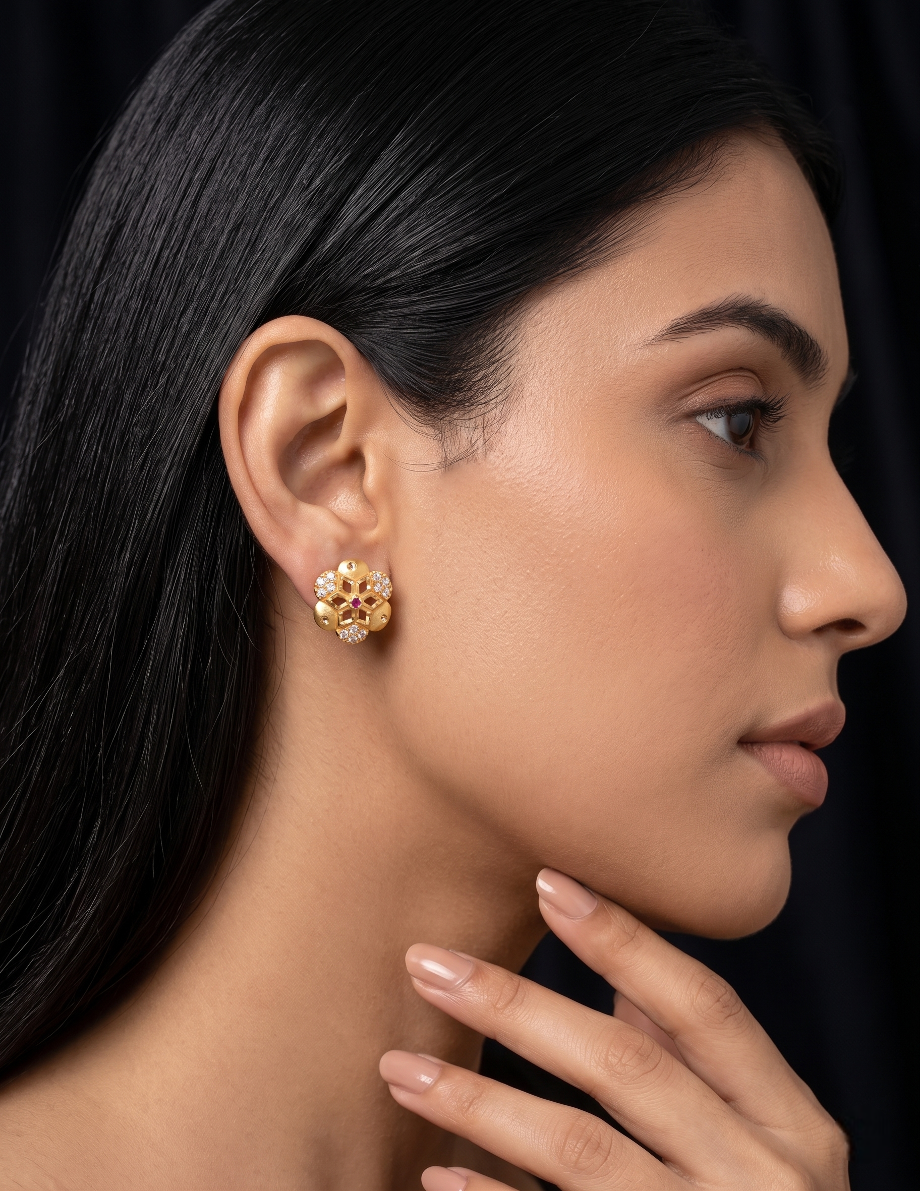 Exquisite 22kt Gold Plated Floral Stud Earrings with Ruby and Zirconia Accents | VIHAL ORNAMENTS
