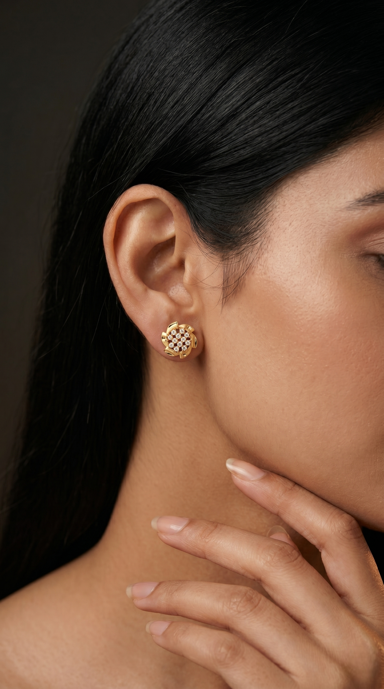 Elegant 22kt Gold Plated Floral Stud Earrings with Sparkling Zirconia Crystals | VIHAL ORNAMENTS