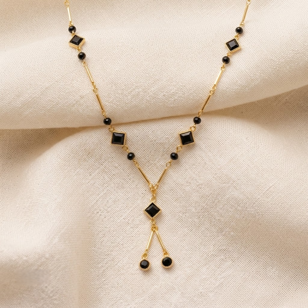 Elegant Gold-Plated Geometric Black Stone Necklace