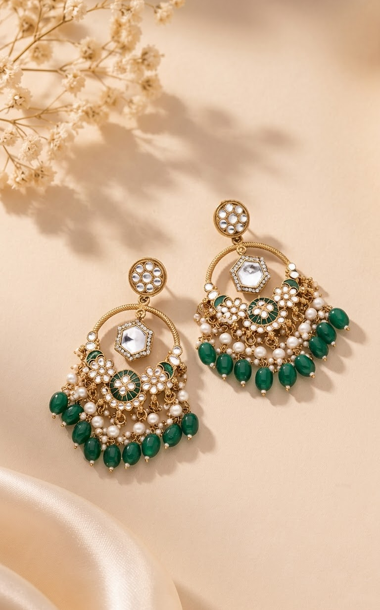 Traditional Gold-Plated Kundan and Green Bead Drop Chandbali Earrings for Women
