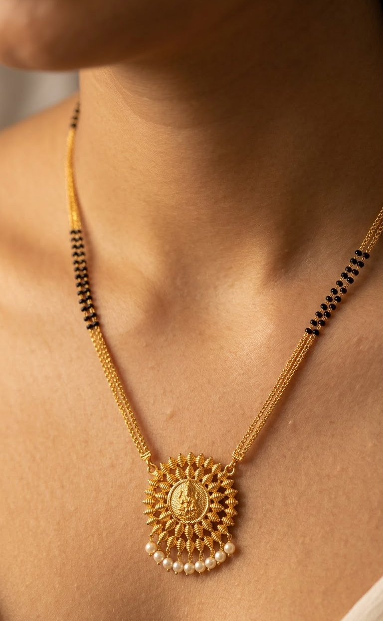 Traditional Gold-Plated Mangalsutra with Round Pendant & Pearl Hangings Long Mangalsutra