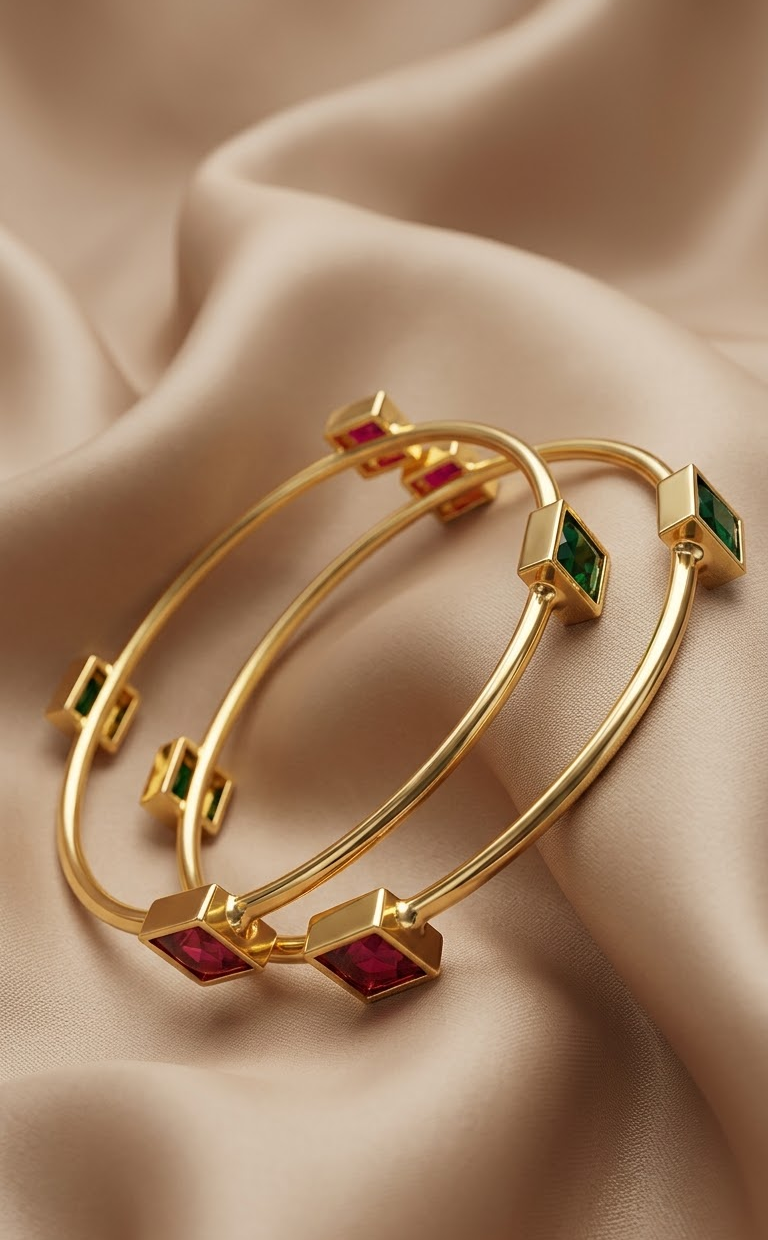 Traditional Gold-Plated Bangles with Multicolored Gemstone Accents