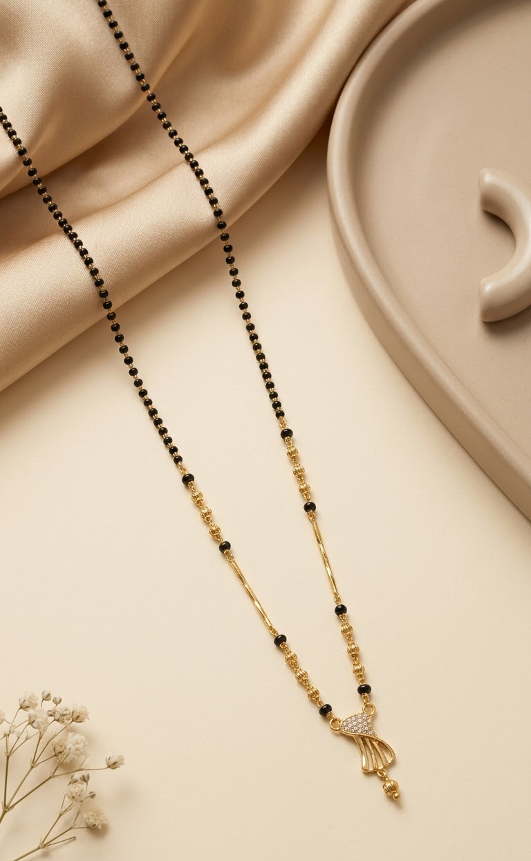Elegant Gold-Plated Designer Mangalsutra with CZ Stone Pendent and Black Beaded Chain