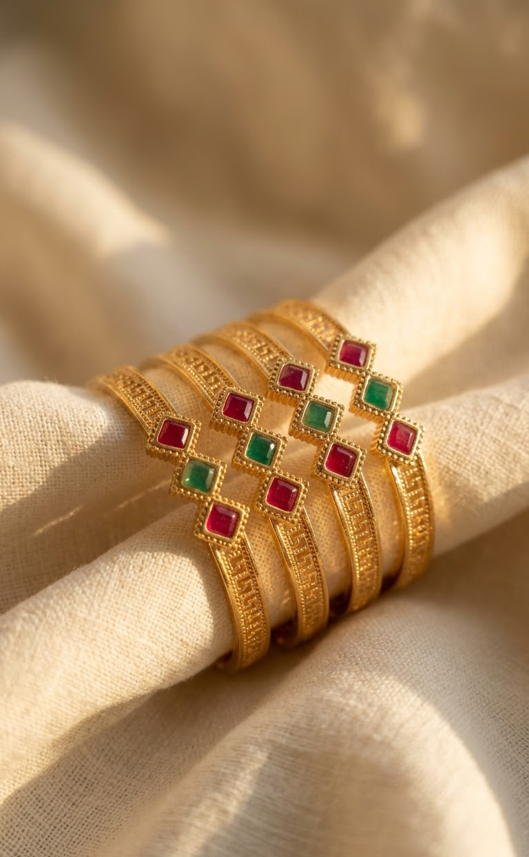 Gold-Plated Traditional Ruby & Emerald Stone Studded Bangles Set (Pack of 4)