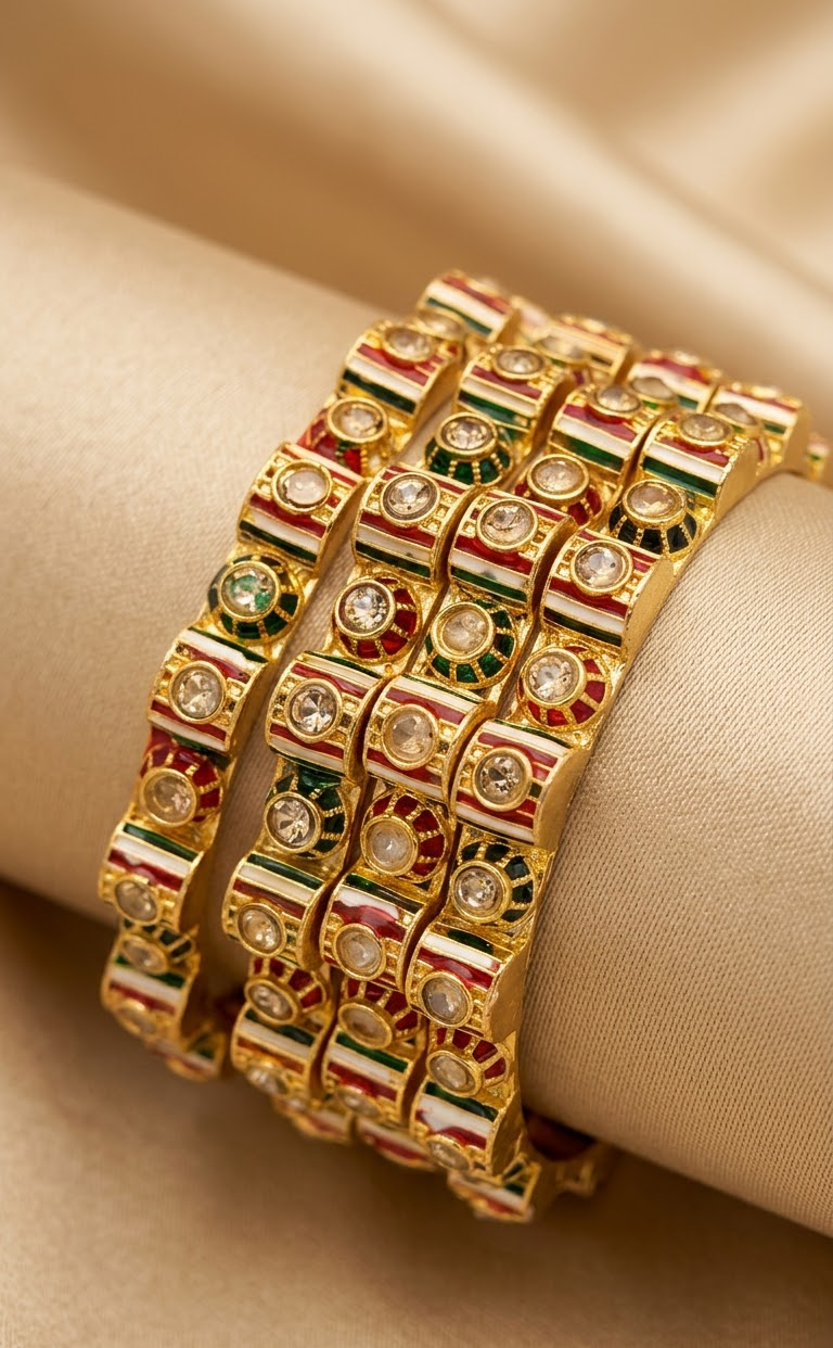 Gold-Plated Meenakari & Kundan Multi-Color Bangles Set for Women and Girls