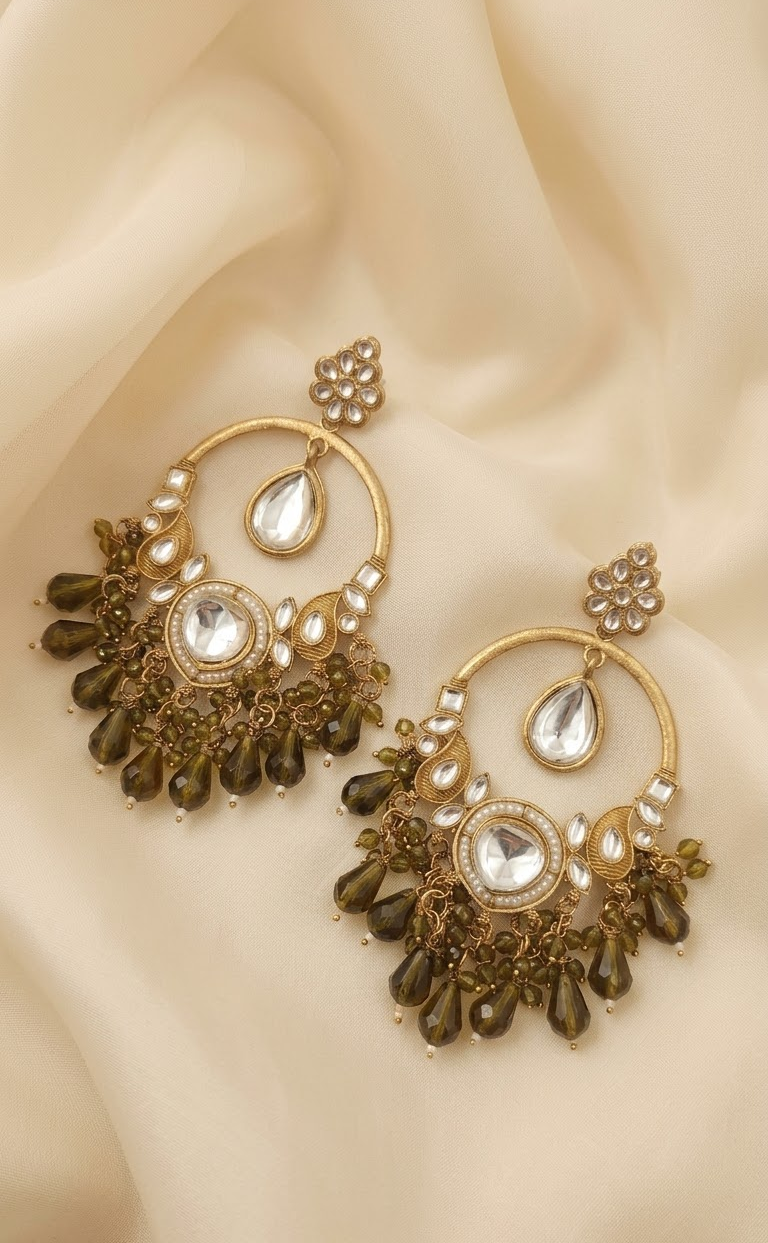 Gold-Plated Traditional Kundan and Green Bead Drop Chandbali Earrings for Women and Girls