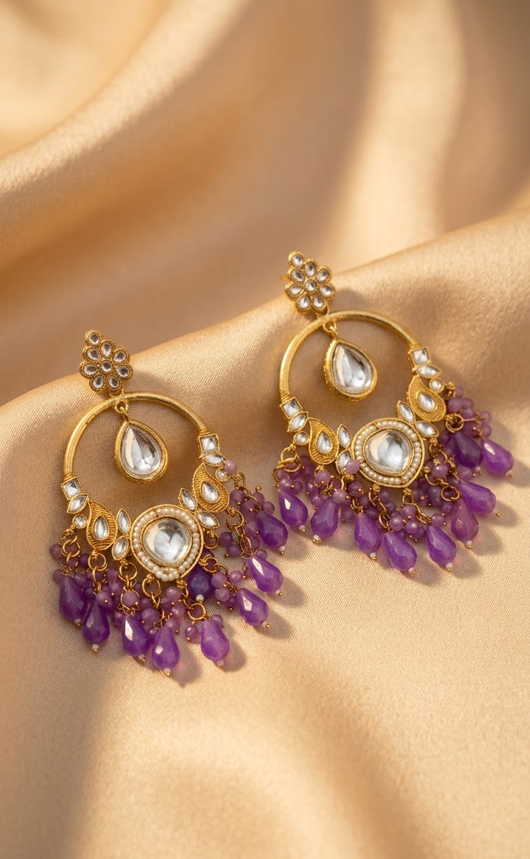 Exquisite Gold-Plated Kundan and Purple Bead Chandbali Earrings for Women and Girls