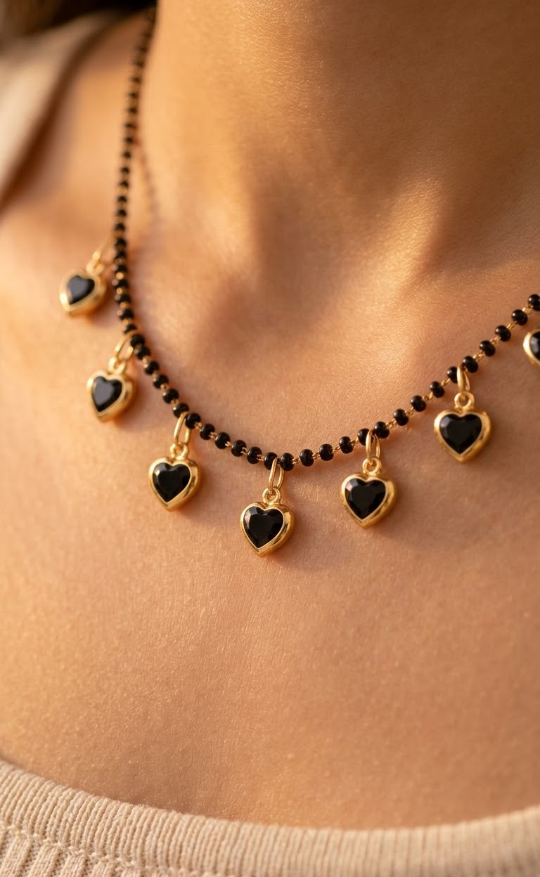 Gold-Plated Black Beaded Mangalsutra with Multiple Black Heart Charms