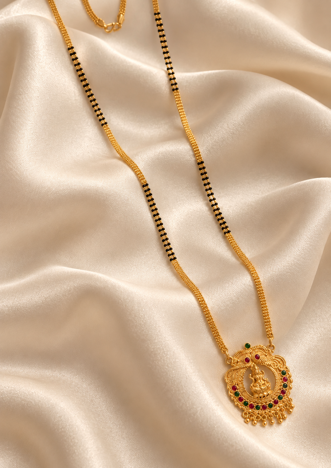 Traditional Gold-Plated Mangalsutra with Deity Pendant and Black Beaded Chain for Women