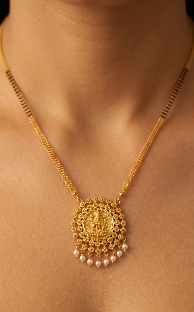 Gold-Plated Mangalsutra with Goddess Lakshmi Round Pendant and Black Beaded Double Chain Long Mangalsutra for Women