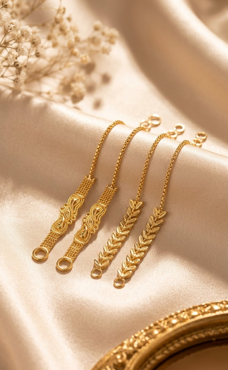 Elegant Gold-Finished Ear Support Chains with Intricate Leaf and Traditional Motifs