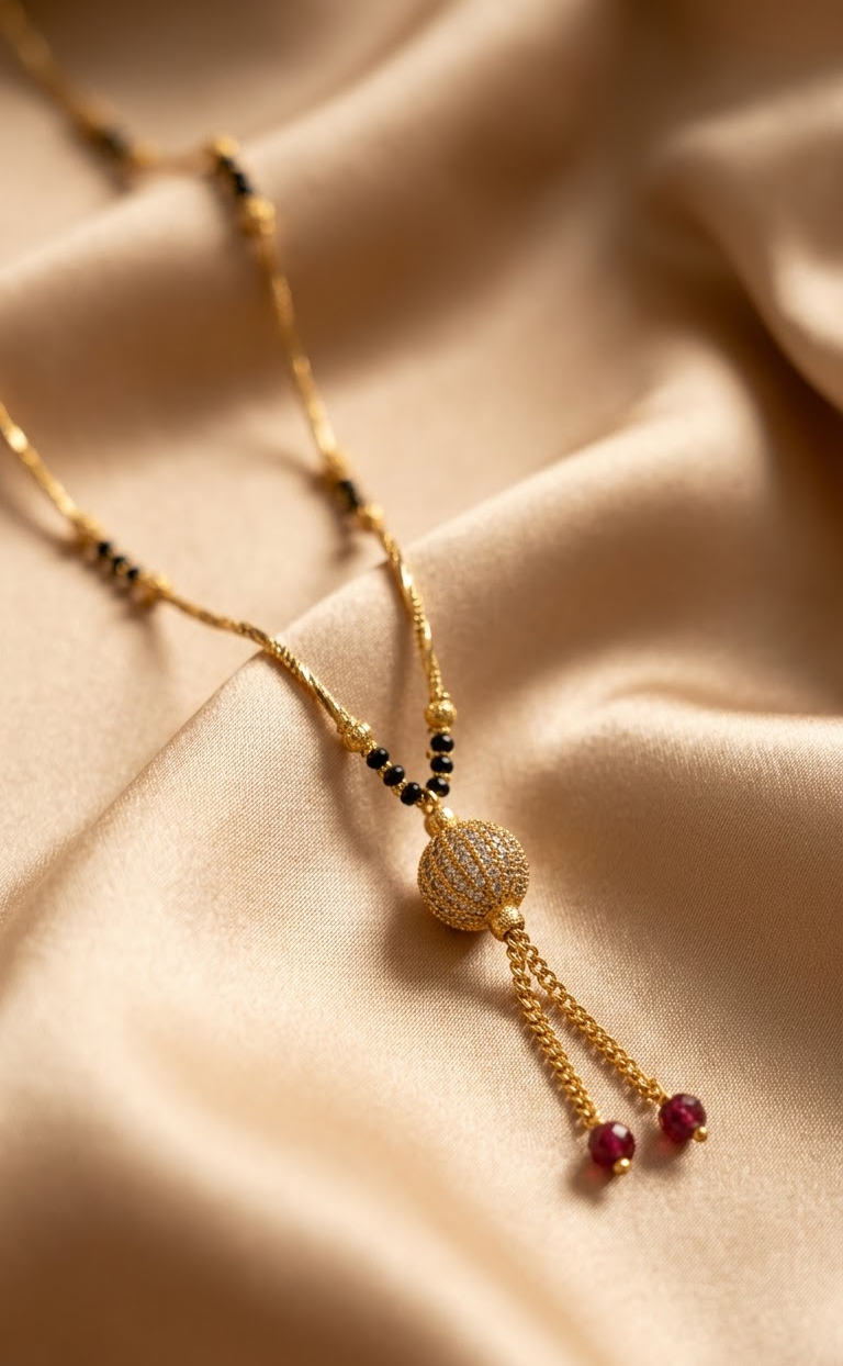 Traditional Gold-Plated Beaded Mangalsutra with Round CZ Pendant and Dainty Tassels for Women