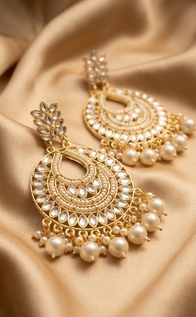 Elegant Gold-Plated Traditional Kundan & Pearl Drop Chandbali Earrings for Women & Girls