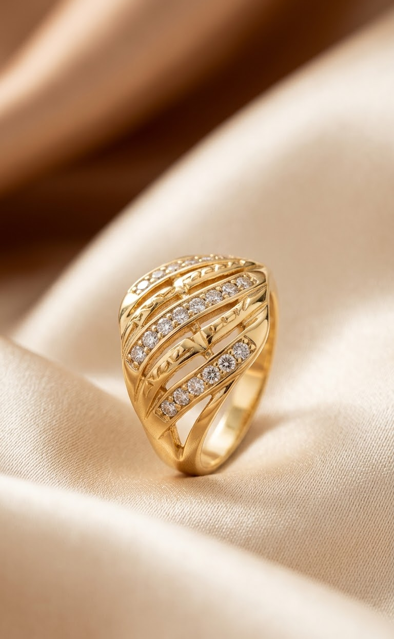 Gold-Plated Intersecting Band Ring with Sparkling CZ Stones for Women and Girls