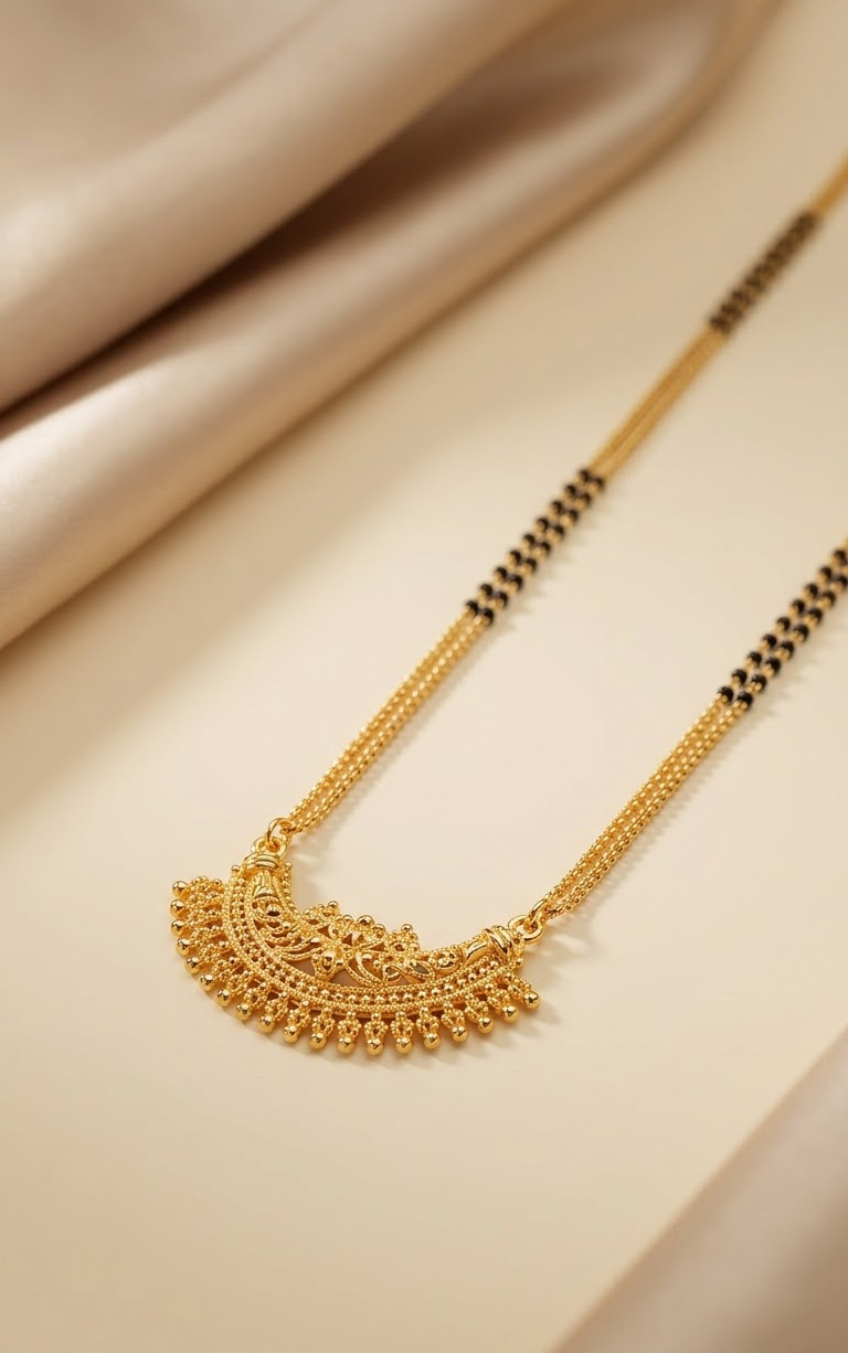 Elegant Gold-Plated Traditional Mangalsutra with Semi-Circular Pendant Long Chain Necklace for Women