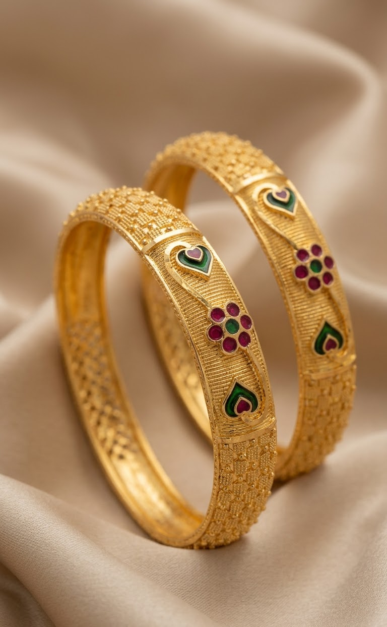 Elegant Gold-Plated Designer Bangles with Meenakari Flower and Heart Motifs