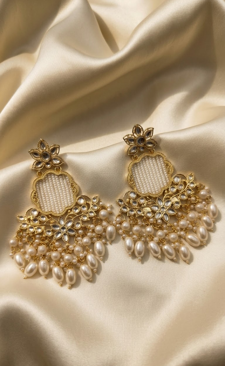 Exquisite Gold-Plated Traditional Kundan and Pearl Drop Statement Earrings For Women