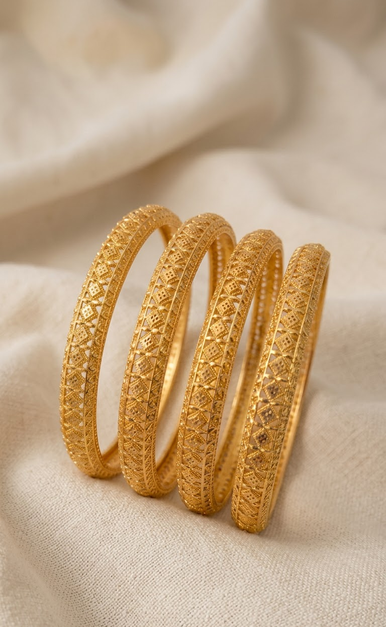 Exquisite Gold-Plated Traditional Filigree & Laser-Cut Designer Bangles Set for Women (Pack of 4)