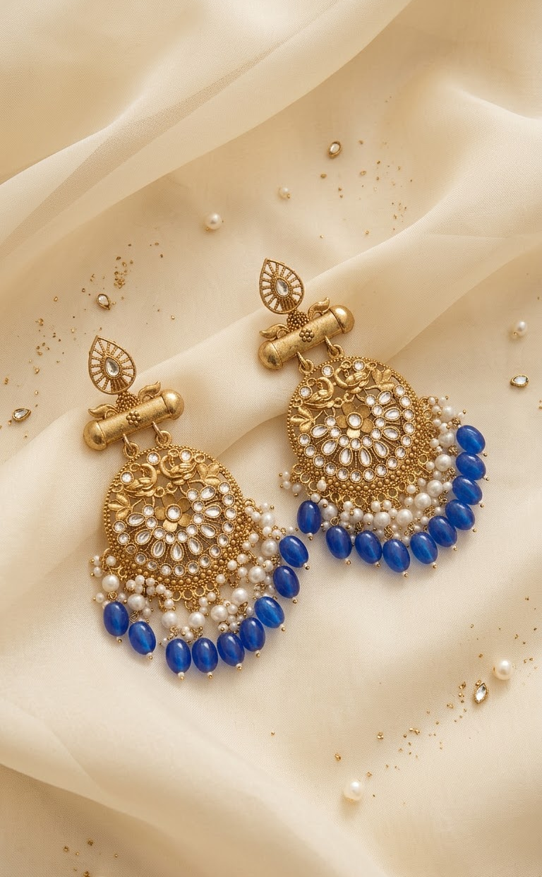 Gold-Plated Traditional Peacock Design Kundan and Blue Beaded Drop Earrings for Women and Girls