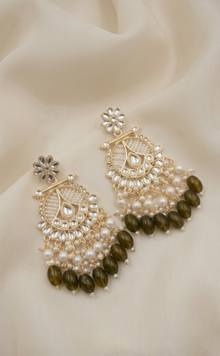 Exquisite Gold-Plated Kundan and Pearl Drop Earrings with Olive Green Beads for Women