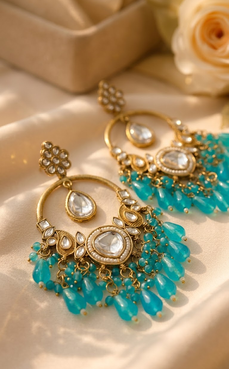 Gold-Plated Kundan and Turquoise Blue Beaded Drop Chandbali Earrings for Women & Girls