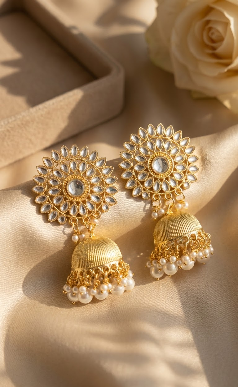 Gold-Plated Kundan Studded Floral Design Jhumka Earrings with Pearl Hangings for Women and Girls