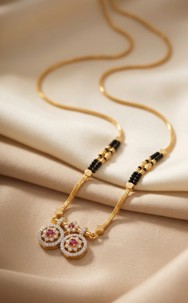 Exquisite Gold-Plated Double Vati Pendant Mangalsutra with Black Beads Traditional Chain for Women