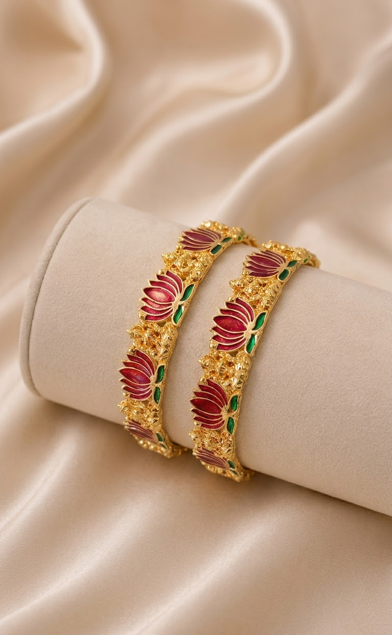 Gold-Plated Meenakari Lotus Design Traditional Bangles Set for Women (Pink, Green)