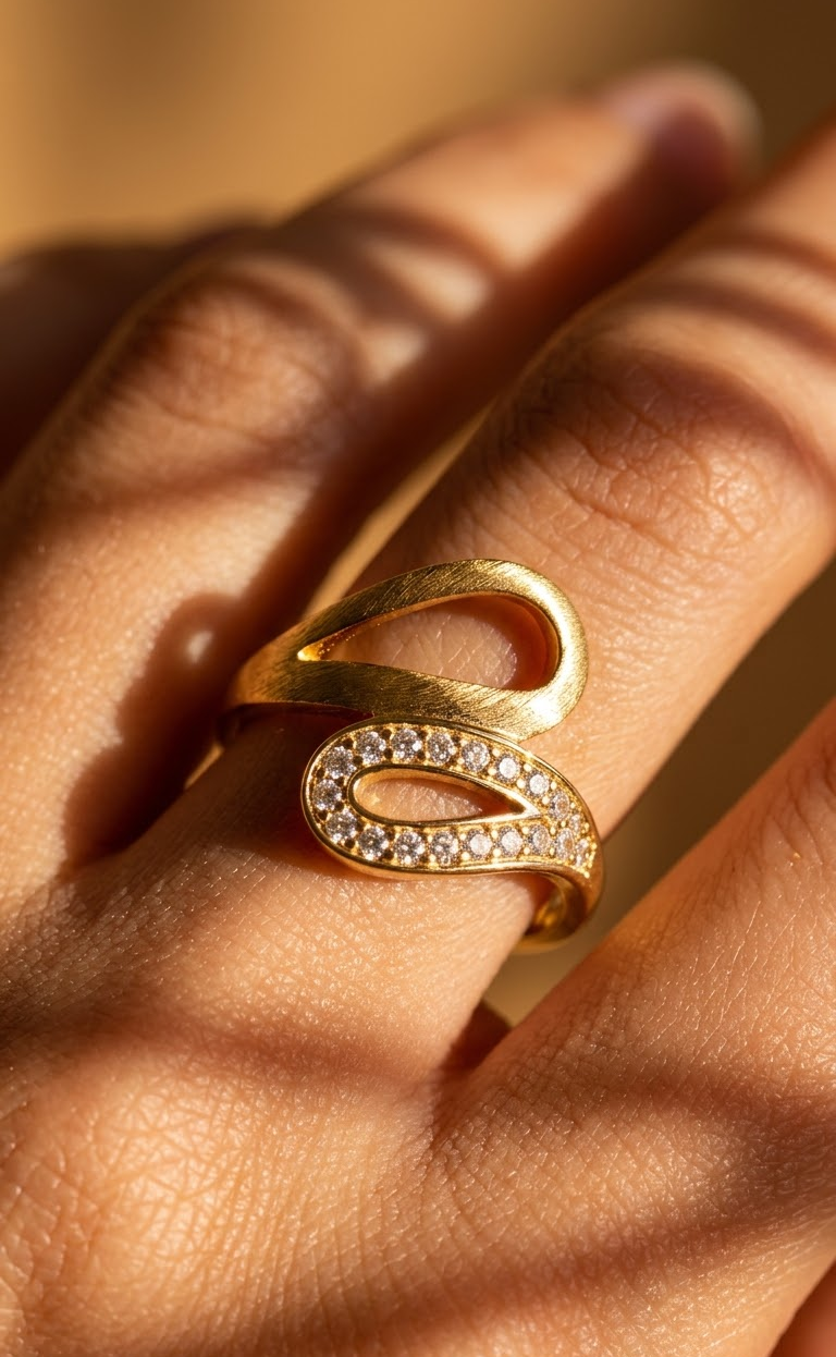 Elegant Gold-Plated CZ Stone Open Ring with Modern Curved Design
