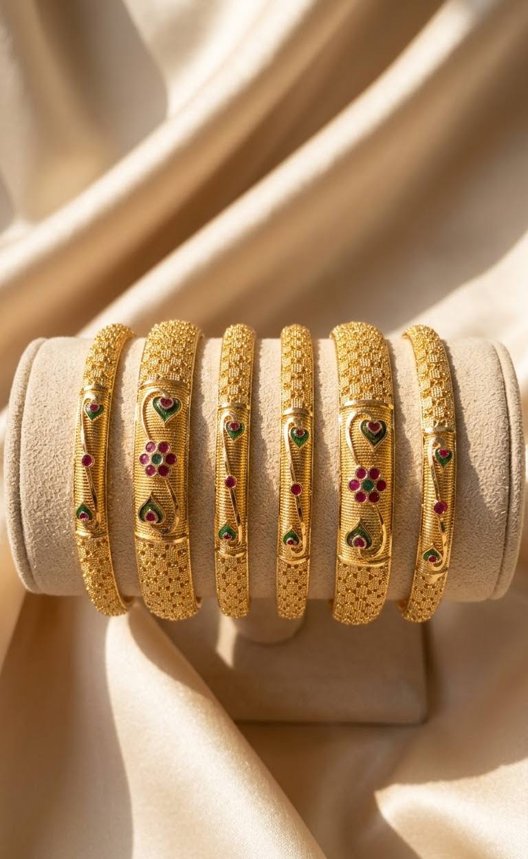 Gold-Plated Meenakari & Ruby-Emerald Stone Studded Bangle Set for Women
