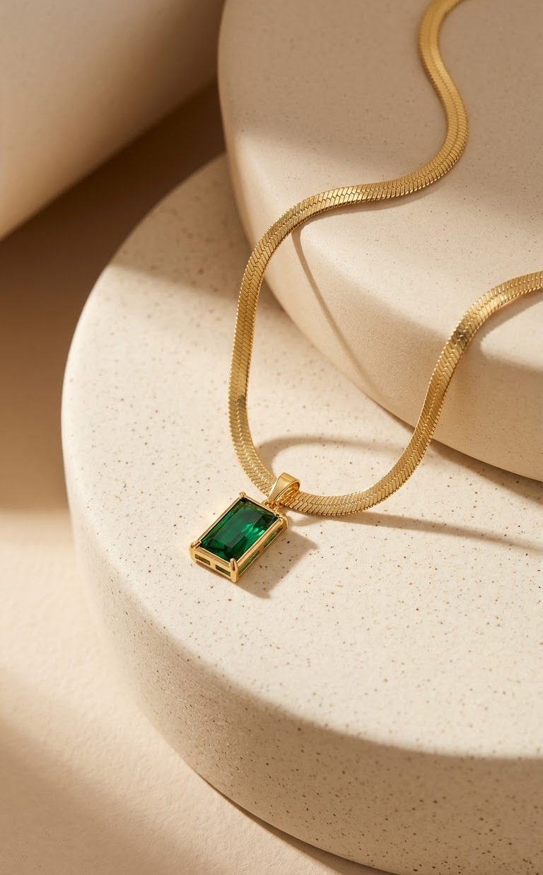 Gold-Plated Emerald Green Baguette Stone Pendant with Sleek Snake Chain Necklace for Women and Girls