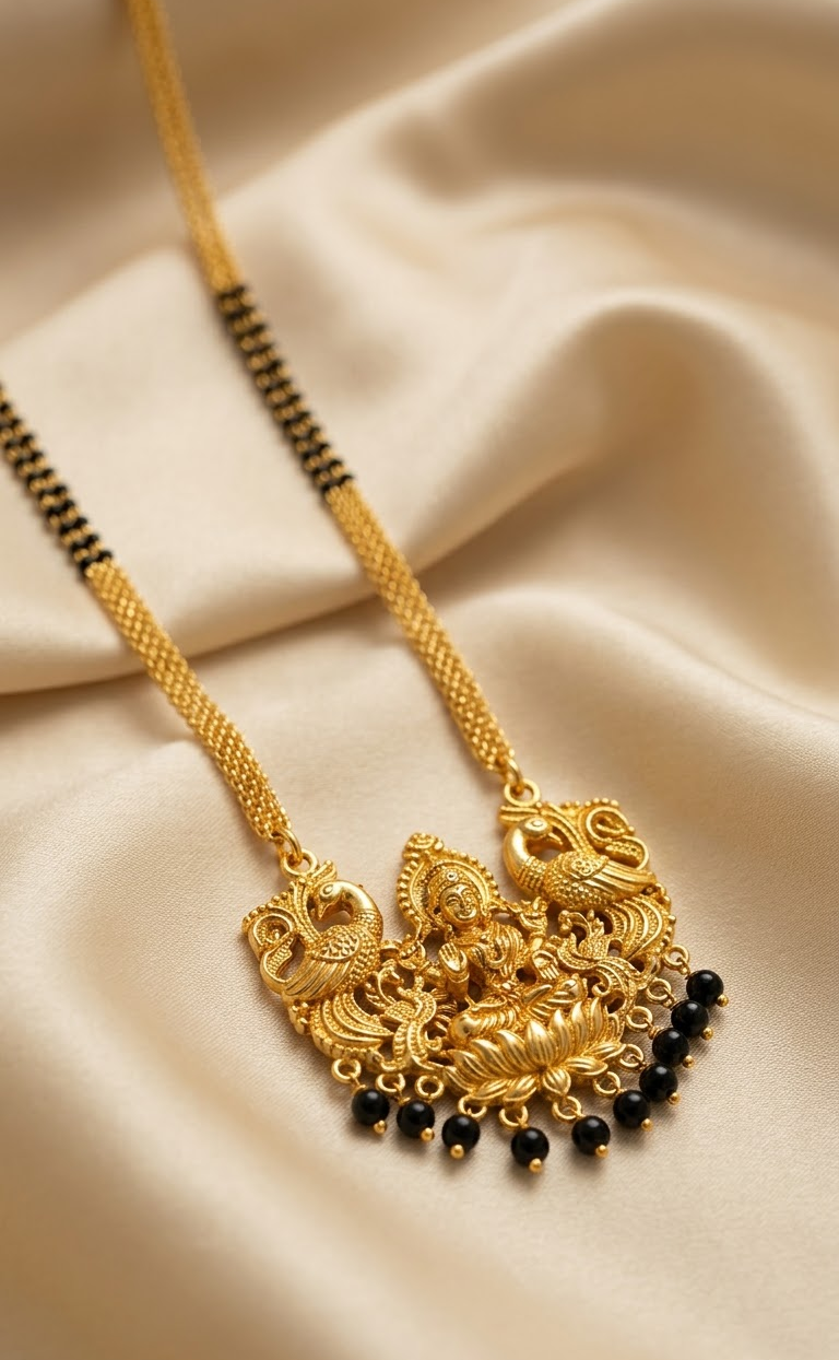 Exquisite Gold-Plated Traditional Temple Design Mangalsutra with Black Beaded Chain