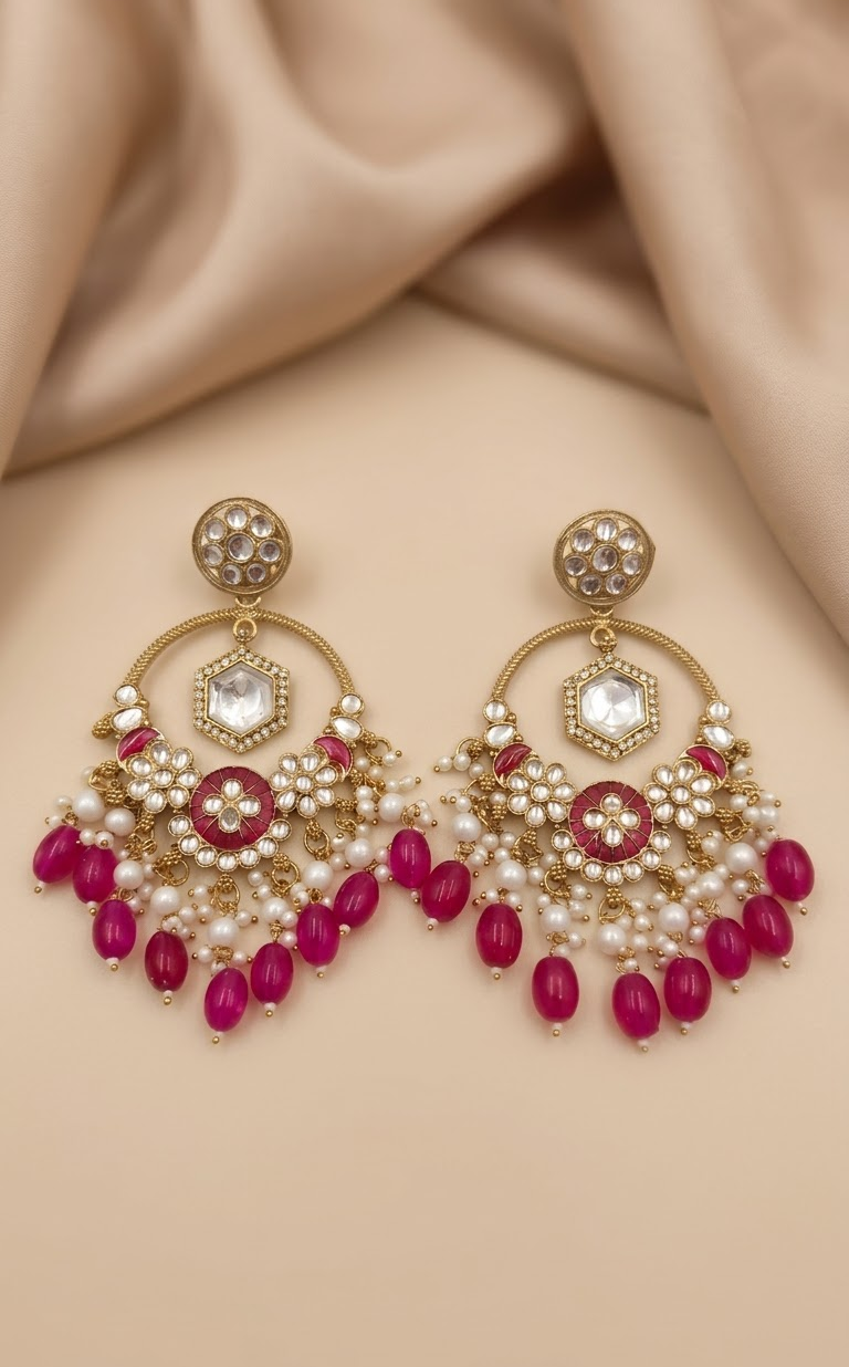 Traditional Gold-Plated Kundan and Meenakari Chandbali Earrings with Pink Beads and Pearl Accents