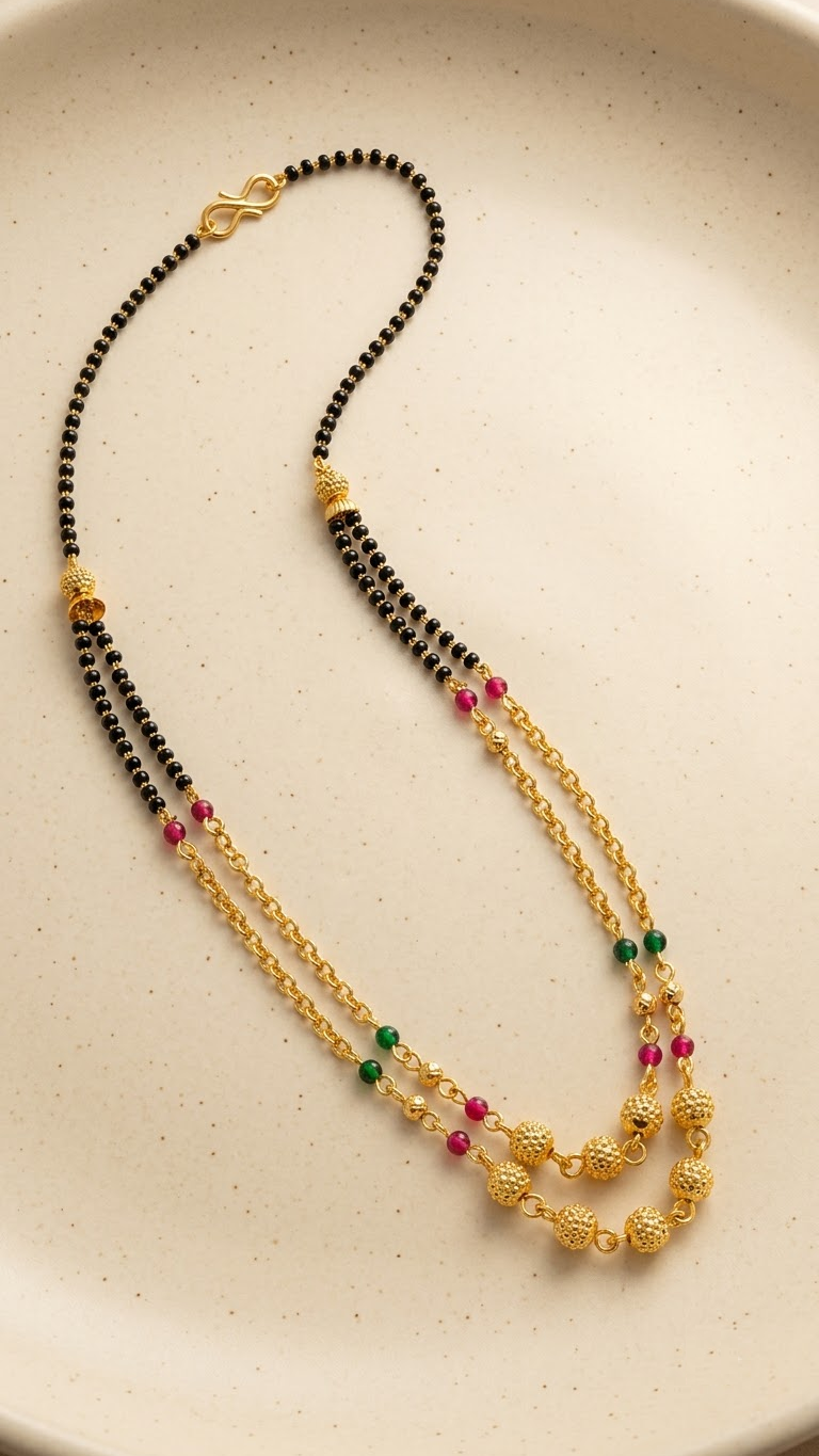 Traditional Gold-Plated Beaded Mangalsutra with Matching Bracelet Set for Women (Black, Gold)