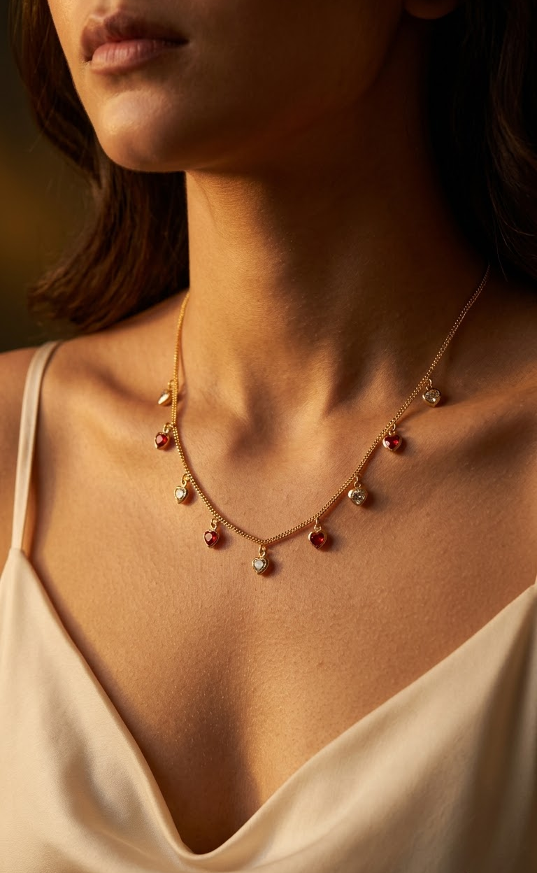 Gold-Plated Dainty Heart Charm Chain Necklace with Red and White Crystals for Women and Girls