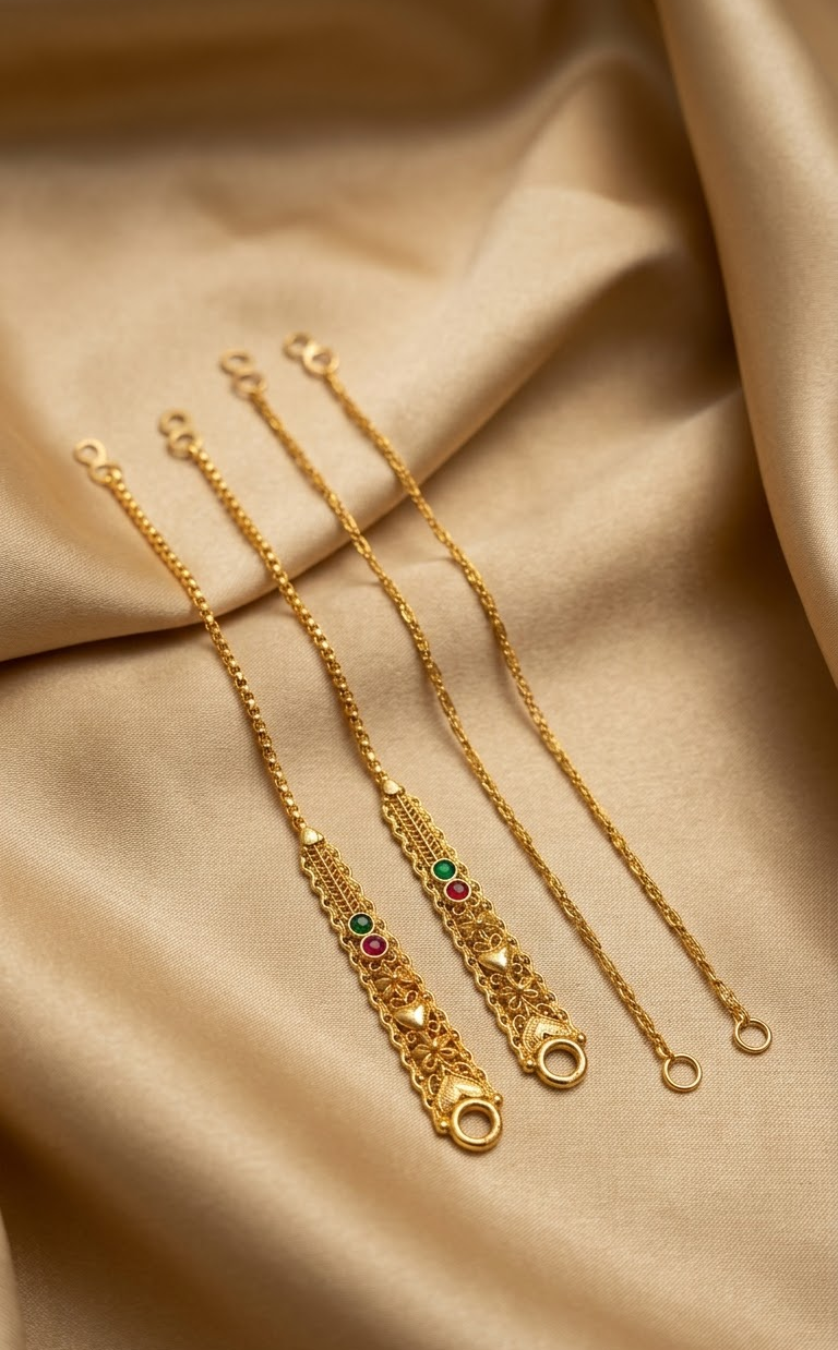 Traditional Gold-Plated Ear Supporting Chains (Sahare/Bahubali Chains) with Ruby and Emerald Stone Accents