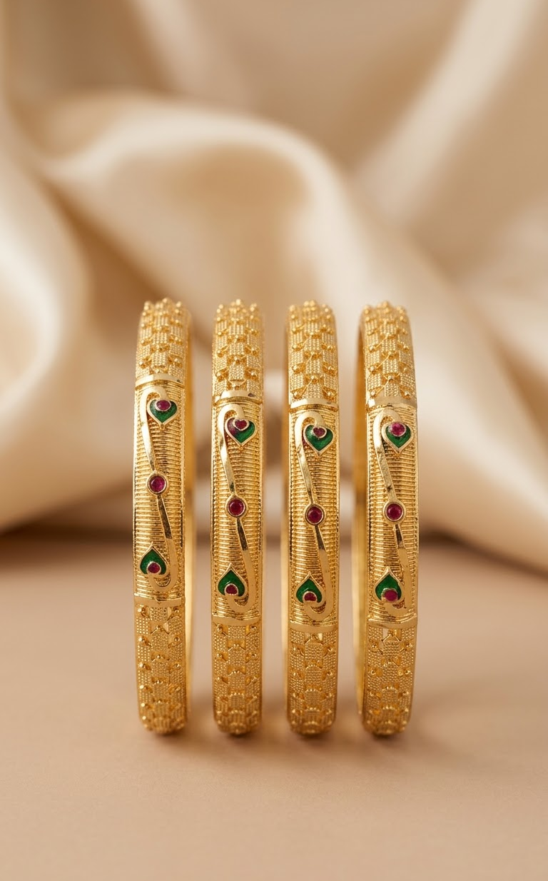 Gold-Plated Designer Bangles Set with Meenakari and Stone Accents (Pack of 4)