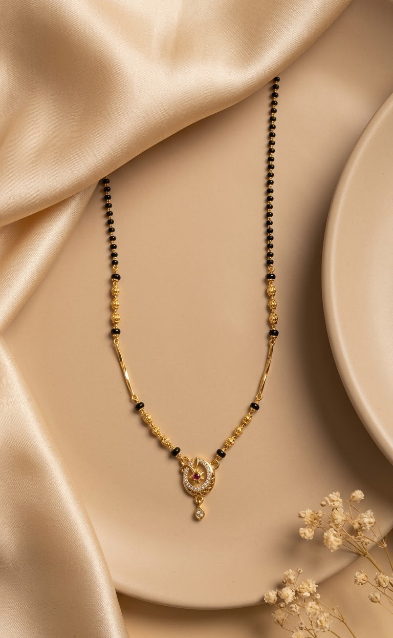 Exquisite Gold-Plated Traditional Mangalsutra with Crescent Pendant and Black Beaded Chain