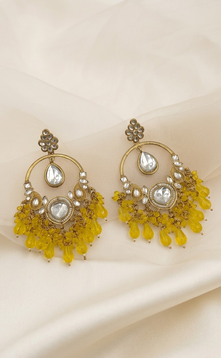 Gold-Plated Kundan and Yellow Bead Drop Chandbali Earrings for Women and Girls