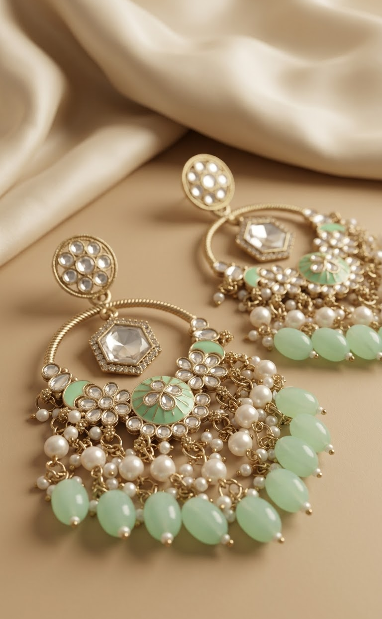 Gold-Plated Mint Green Meenakari & Kundan Chandbalis with Pearl Drops