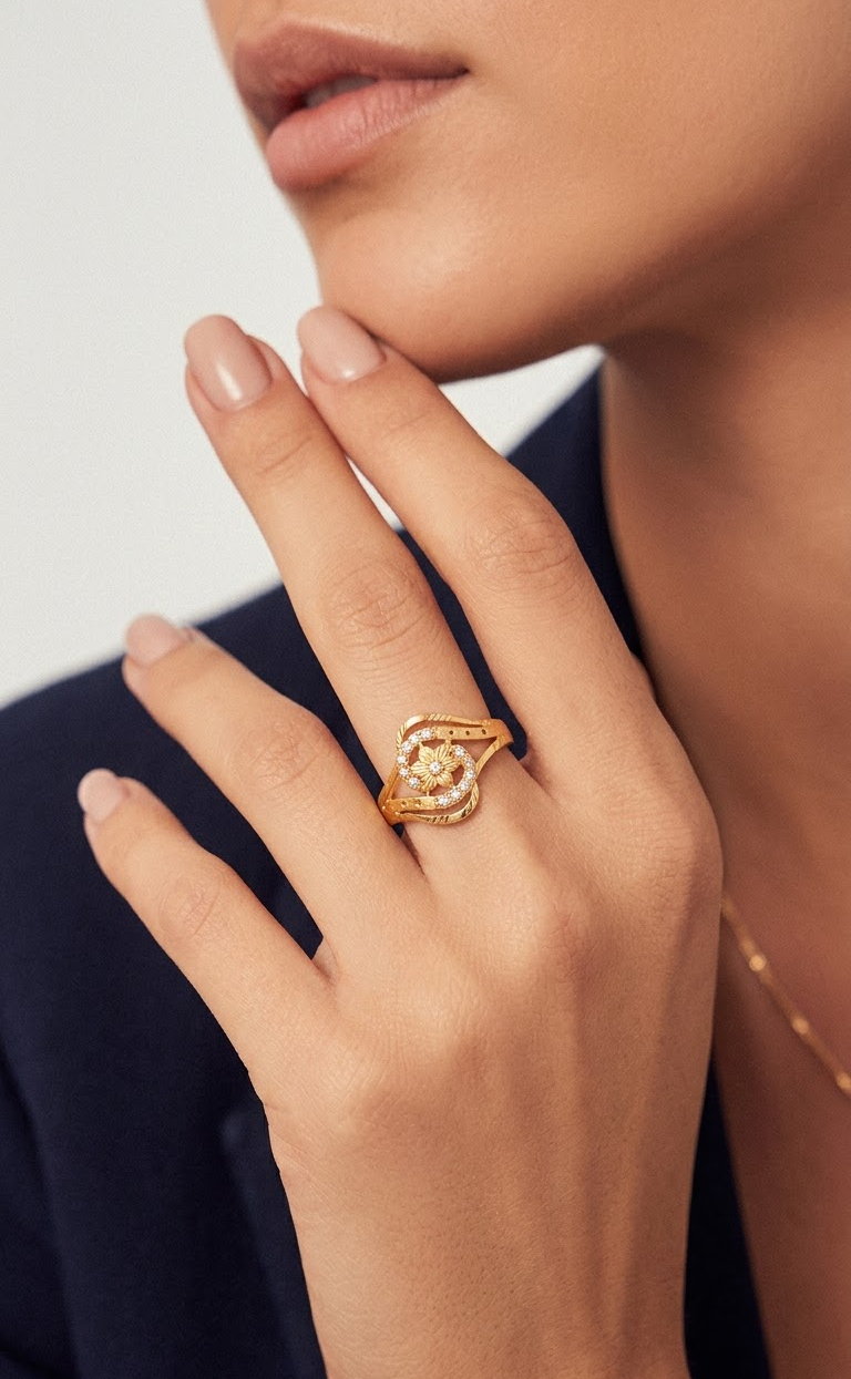 Gold-Plated Floral CZ Ring with Swirl Design for Women