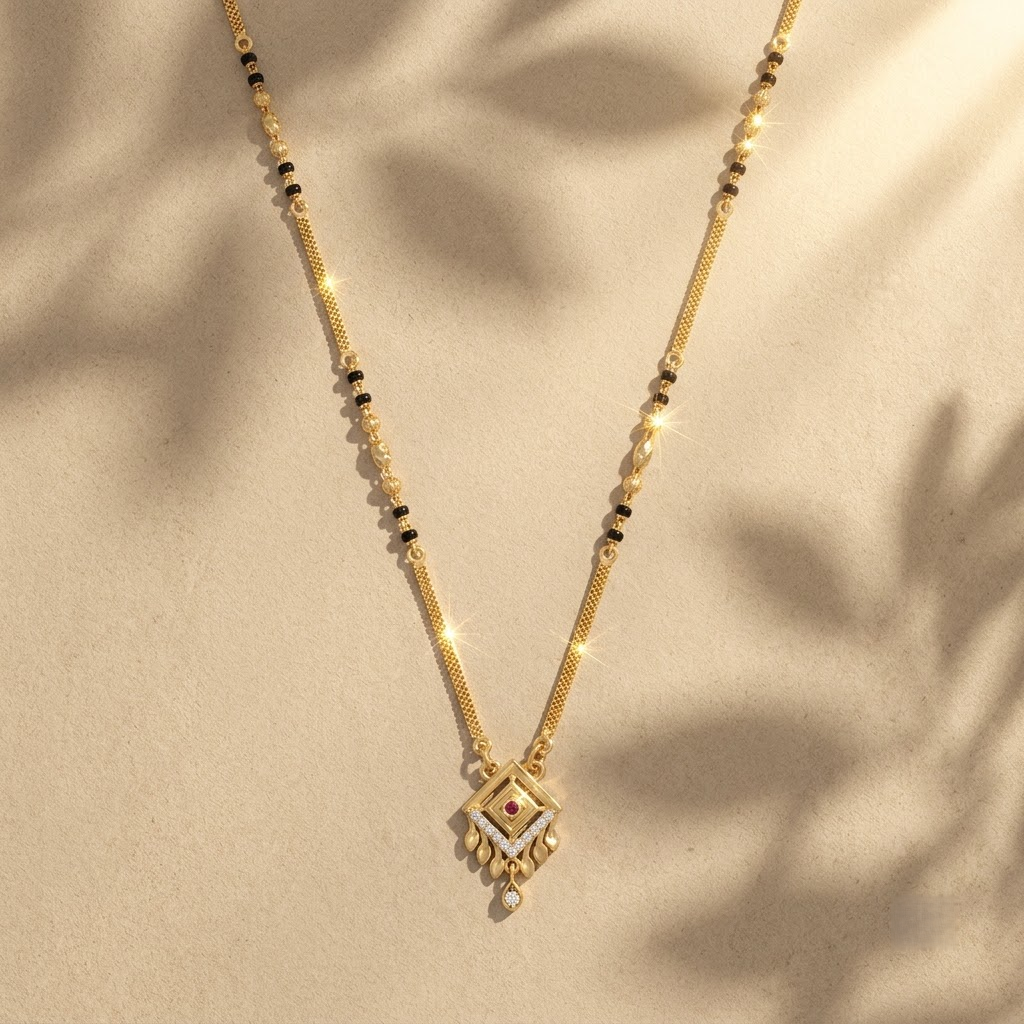 Gold-Plated Geometric Pendant Mangalsutra with Sparkling Crystals and Black Beaded Chain