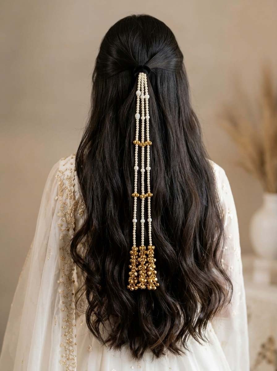 Traditional Pearl & Gold Ghungroo Hair Paranda