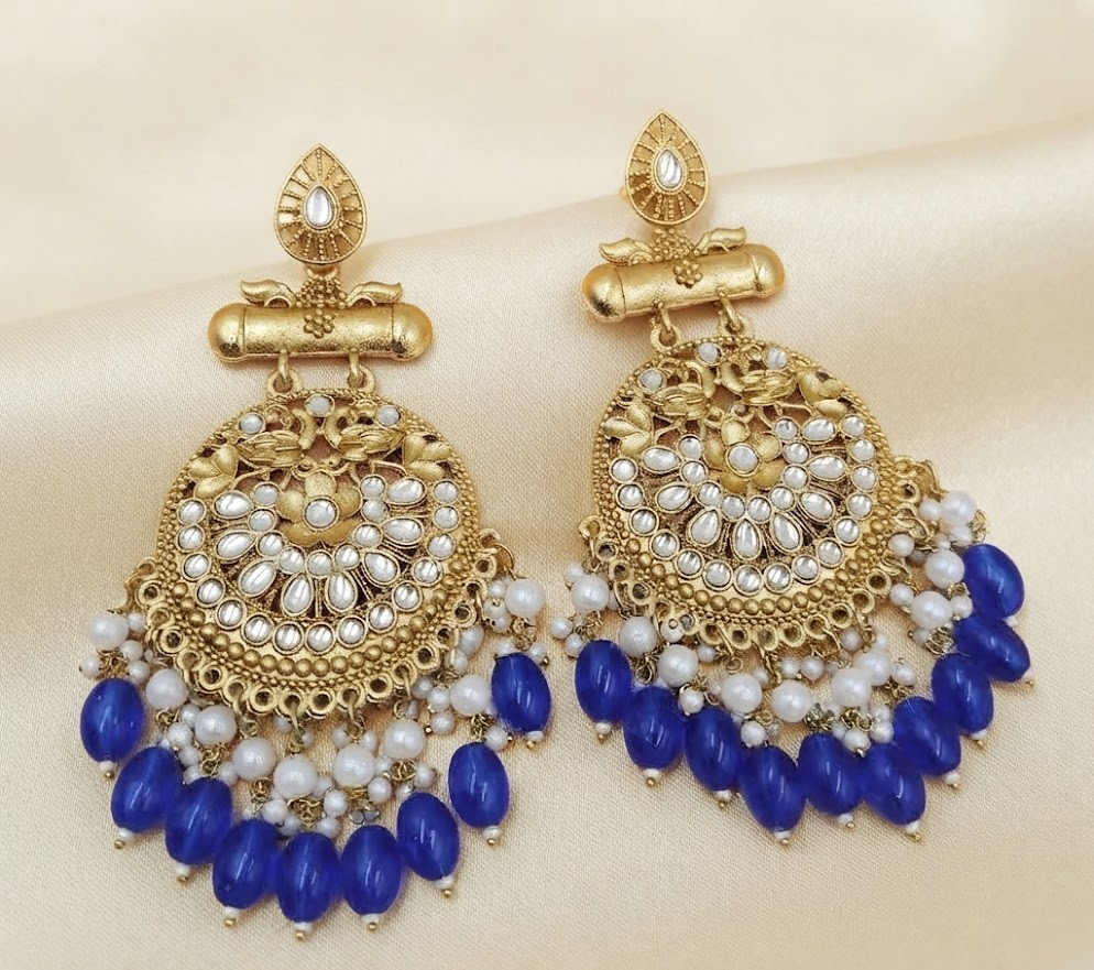Ethnic Gold-plated Traditional Kundan and Blue Bead Dangle & Drop Earrings for Women