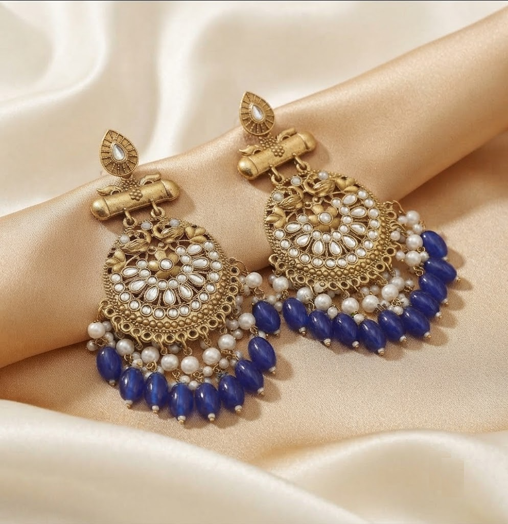 Ethnic Gold-plated Traditional Kundan and Blue Bead Dangle & Drop Earrings for Women