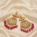 Traditional Gold-Plated Kundan & Pearl Drop Earrings with Ruby Red Beads for Women & Girls