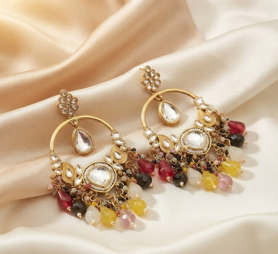 Exquisite Gold-Plated Kundan and Multicolored Beaded Dangle Hoop Earrings for Women