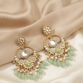 Exquisite Gold-Plated Mint Green & White Kundan Drop Earrings with Pearl Beaded Hangings