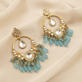 Exquisite Gold-Plated Kundan and Mint Blue Beaded Chandbalis Earrings for Women